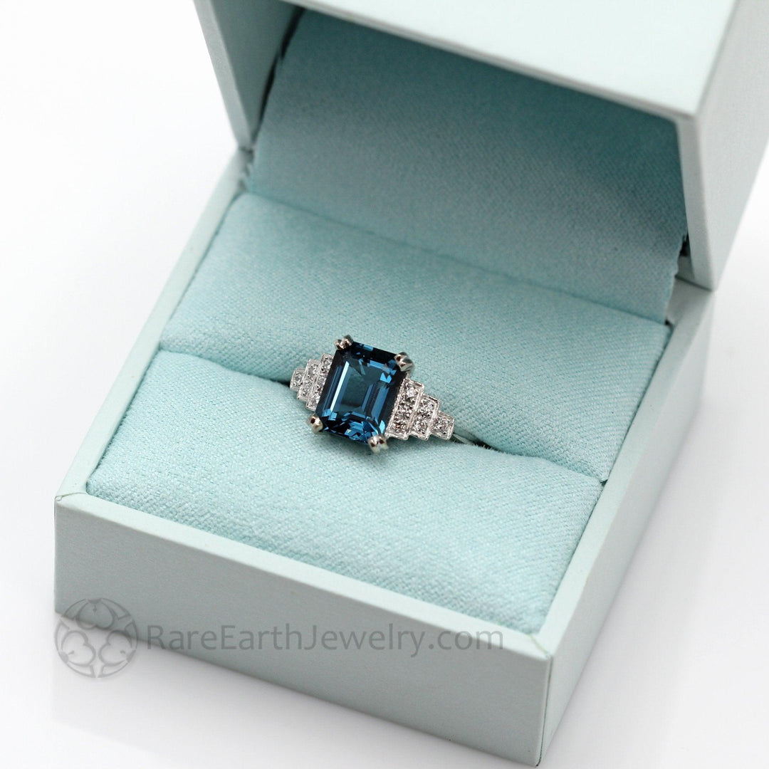 Art Deco Style Topaz Ring, Emerald Cut London Blue Topaz Ring, December Birthday Gift