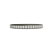 A vintage style diamond wedding ring or anniversary band with milgrain beaded edge details that pairs well with antique style engagement rings, available in gold or platinum from Rare Earth Jewelry.
