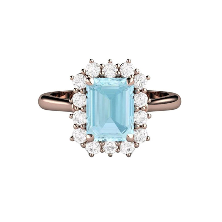 Vintage Style Emerald Cut Aquamarine Ring with Diamond Cluster Design in 14K Rose Gold