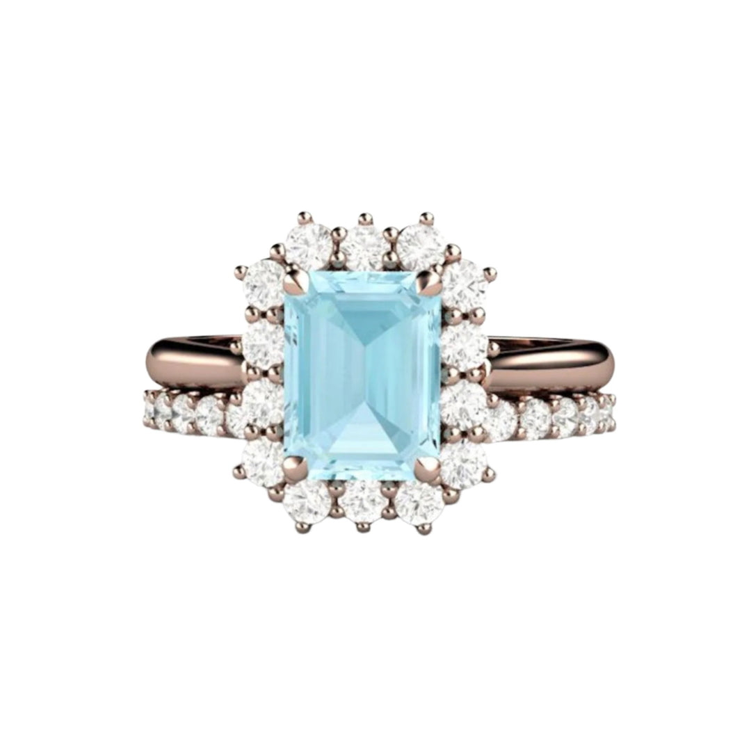 Vintage Style Emerald Cut Aquamarine Engagement Ring, Feminine Design with Halo - Bridal Set