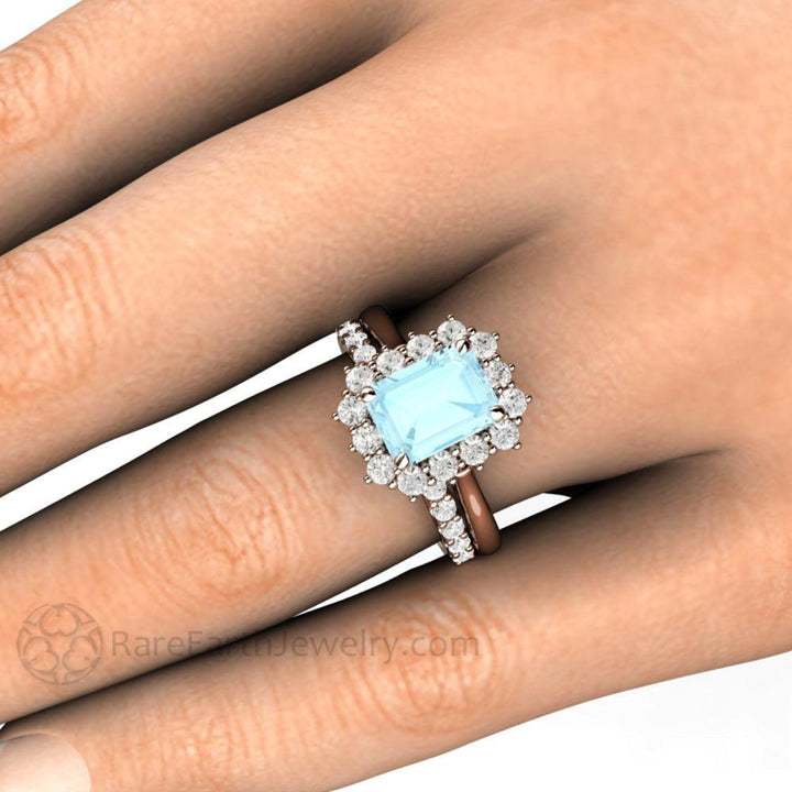 Aquamarine Engagement Ring with Diamond Accents on Hand, Vintage Style Emerald Cut Wedding Set