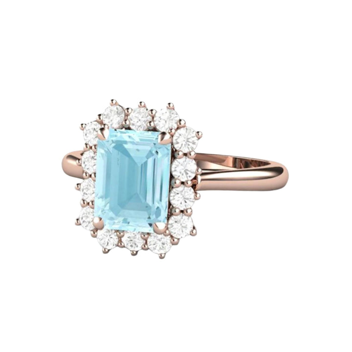 Emerald Cut Aquamarine Ring with Diamond Halo, Vintage Design in 18K Rose Gold