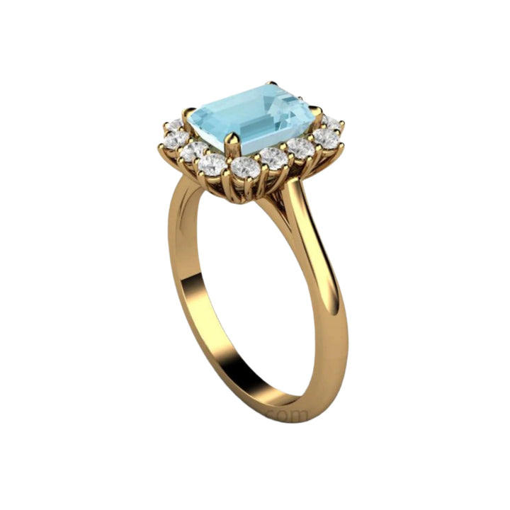 18K Gold Emerald Cut Aquamarine Ring with Diamond Accents, March Birthstone Ring