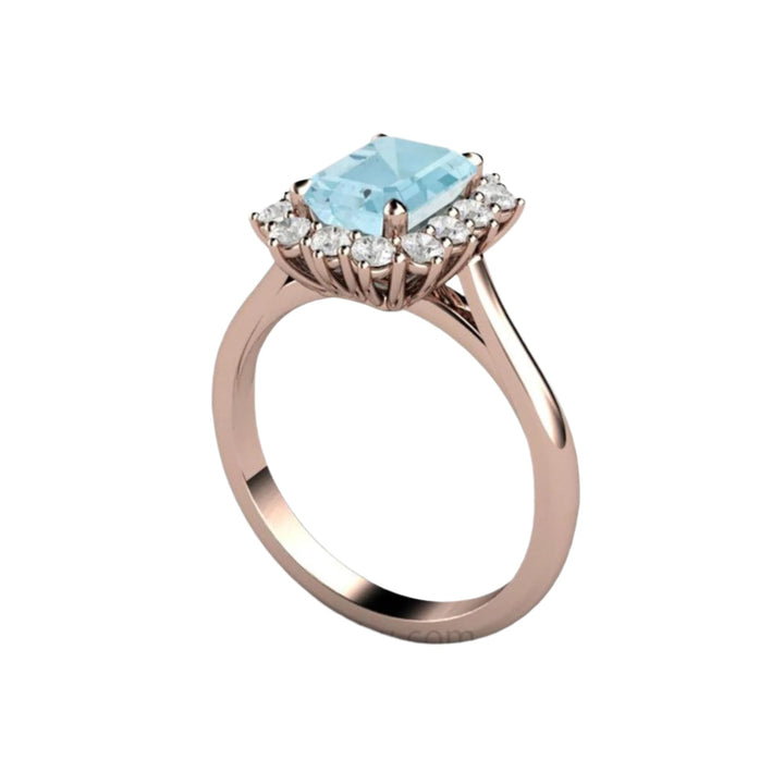 Vintage Style Emerald Cut Aquamarine Ring with Diamond Cluster Design - Profile View