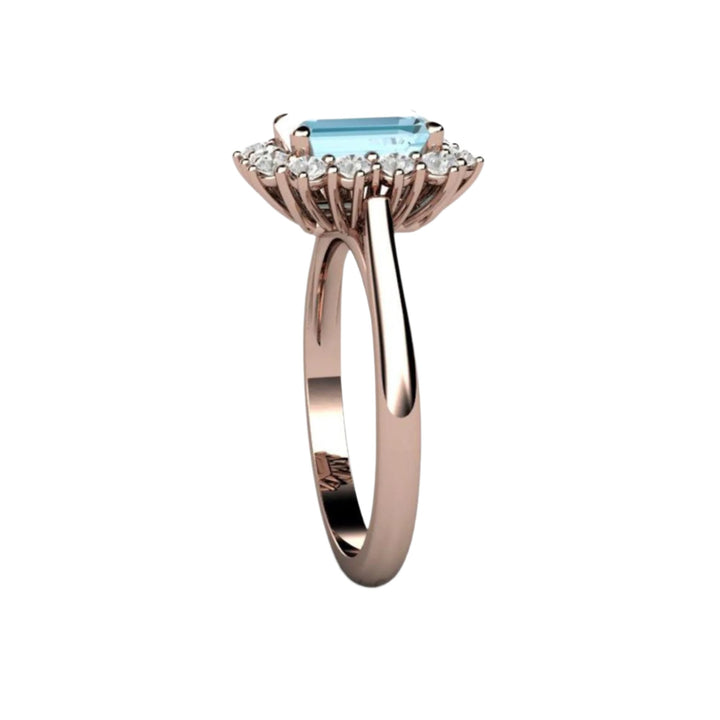 Vintage Style Emerald Cut Aquamarine Ring with Diamond Cluster Design - Side View