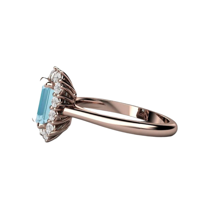 Natural Aquamarine Engagement Ring with Diamond Accents, Side View in Rose Gold