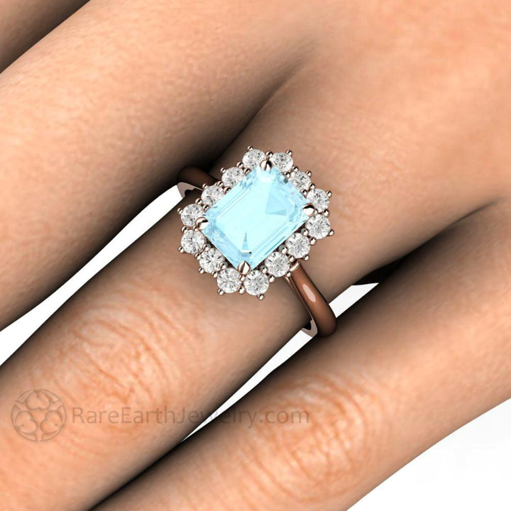 Vintage Style Emerald Cut Aquamarine Ring with Diamond Halo, Close Up 8x6mm on the Finger