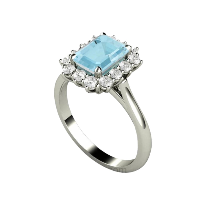 Emerald Cut Aquamarine Ring with Diamonds and Vintage Inspired Cluster Design in 14K White Gold