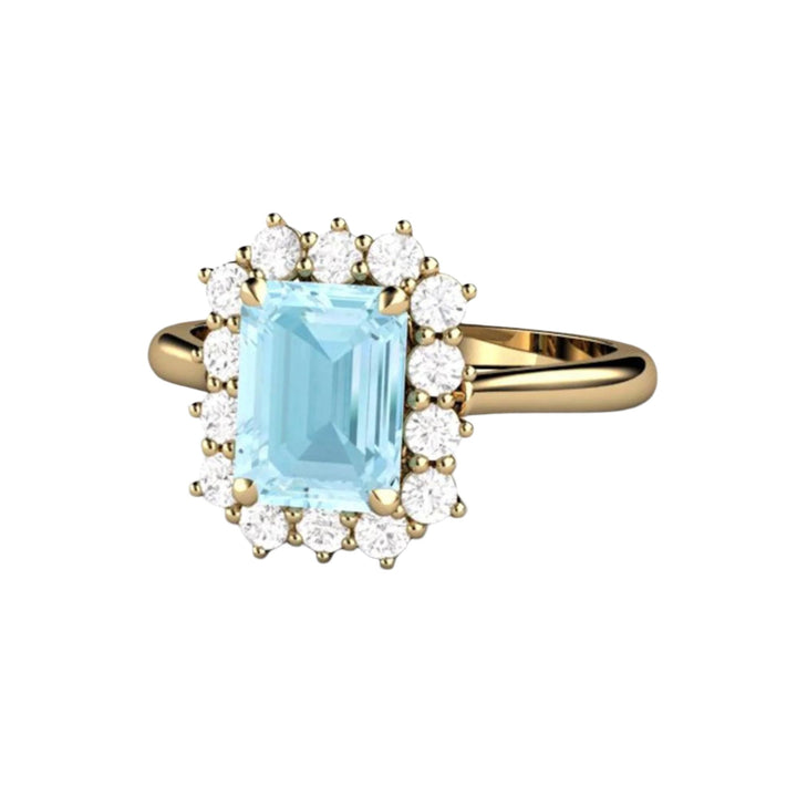 Aquamarine Engagement Ring with Diamond Accents, Emerald Cut Vintage Style Ring in 14K Yellow Gold