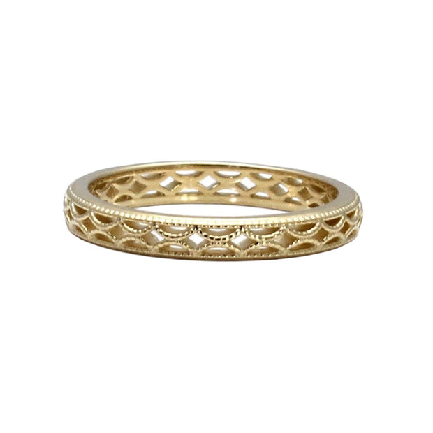 A vintage style wedding ring 3mm wide woven design with openwork and milgrain, perfect to pair with antique Art Deco and Art Nouveau rings available in Gold or Platinum from Rare Earth Jewelry. 