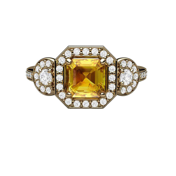 A yellow sapphire engagement ring asscher cut three stone diamond halo design.