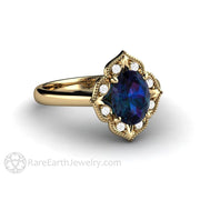 Alexandrite Engagement Ring Oval Art Deco Vintage Halo 14K Yellow Gold - Rare Earth Jewelry