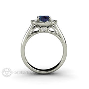 Alexandrite Engagement Ring Oval Art Deco Vintage Halo 18K White Gold - Rare Earth Jewelry