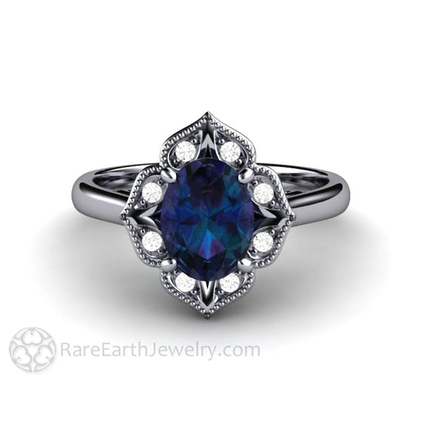 Alexandrite Engagement Ring Oval Art Deco Vintage Halo Platinum - Rare Earth Jewelry