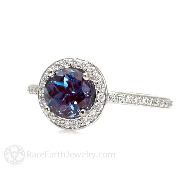 Alexandrite Engagement Ring with Diamond Halo June Birthstone Platinum - Rare Earth Jewelry