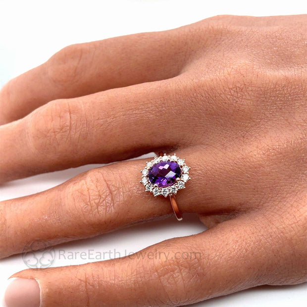 Amethyst and Diamond Ring Vintage Style Oval Cluster with Diamond Halo 14K White Gold - Rare Earth Jewelry