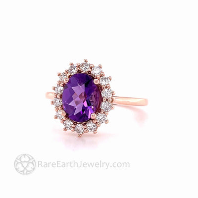 Amethyst and Diamond Ring Vintage Style Oval Cluster with Diamond Halo 14K White Gold - Rare Earth Jewelry