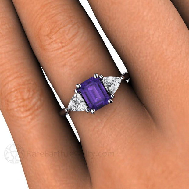 Amethyst Ring 3 Stone with White Sapphire Trillions 14K White Gold - Rare Earth Jewelry