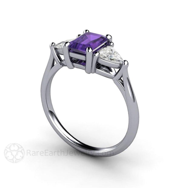 Amethyst Ring 3 Stone with White Sapphire Trillions 14K White Gold - Rare Earth Jewelry
