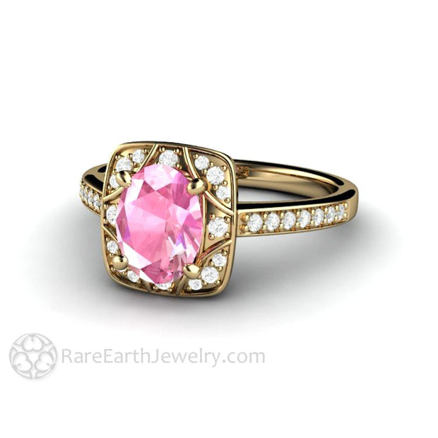 Antique Pink Sapphire Engagement Ring Art Deco Geometric Style with Diamonds 14K Yellow Gold - Engagement Only - Rare Earth Jewelry