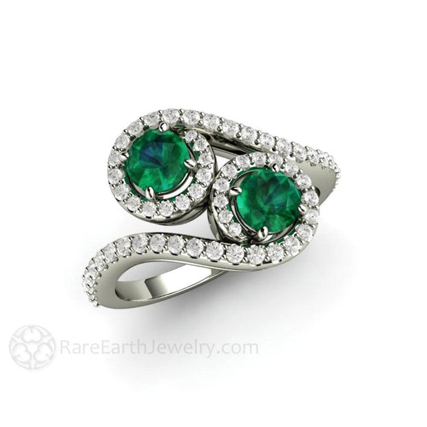 Antique Style Emerald Ring Toi et Moi Edwardian Engagement Ring 14K White Gold - Engagement Only - Rare Earth Jewelry