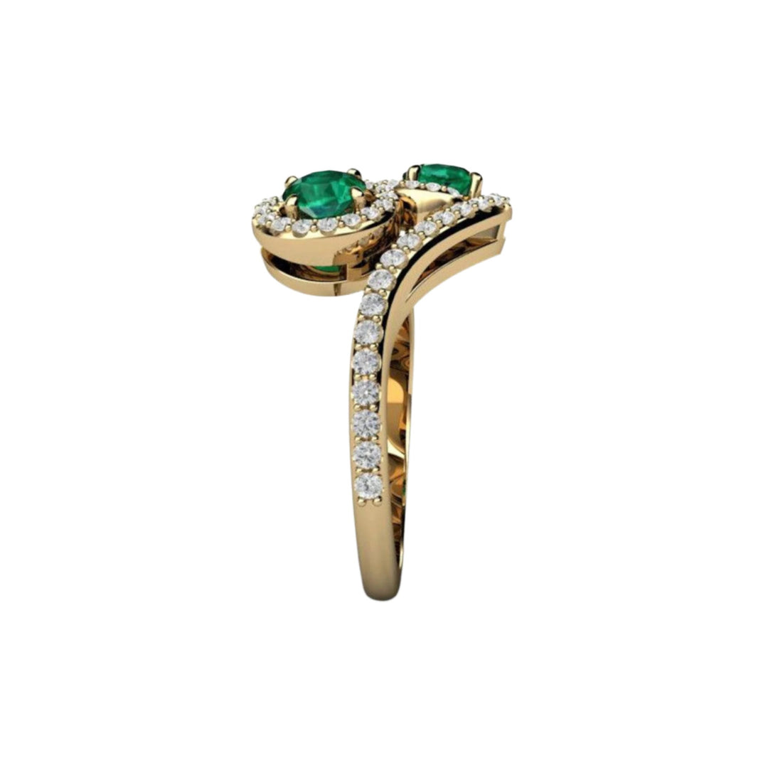 Antique Style Toi et Moi Emerald Ring, Side View showing Pave Diamond Accented Band