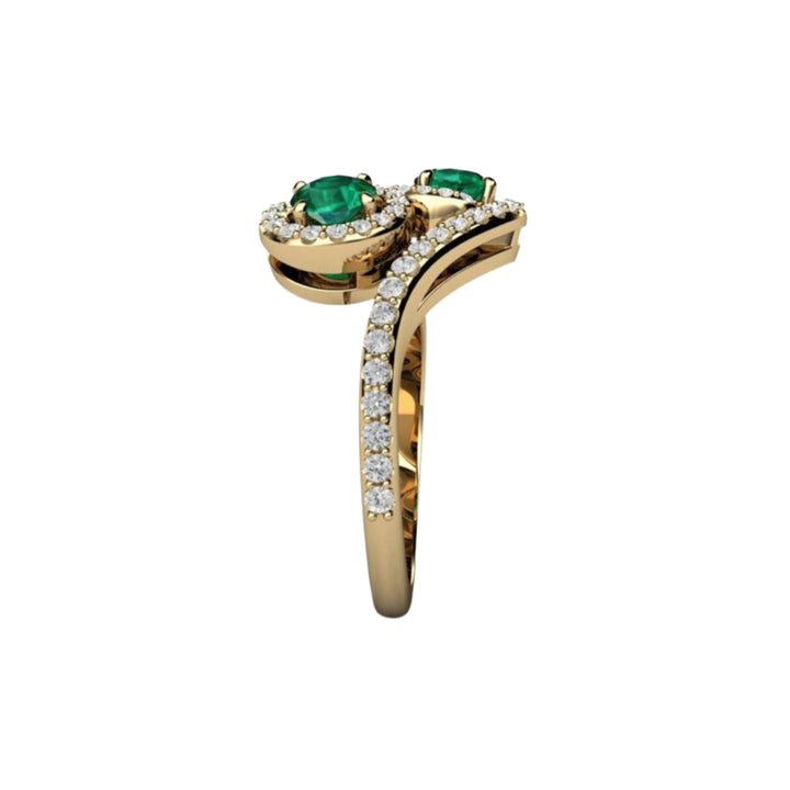 Antique Style Toi et Moi Emerald Ring, Side View showing Pave Diamond Accented Band