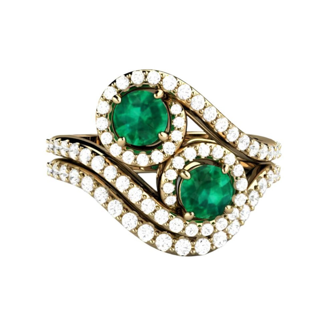 Toi et Moi Emerald Engagement Ring | Antique Style Wedding Set with Pave Diamond Wedding Ring