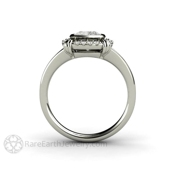 Antique Style Moissanite Engagement Ring Art Deco Bezel Set Moissanite Ring - 14K White Gold - April - Bezel - Cushion - Rare Earth Jewelry