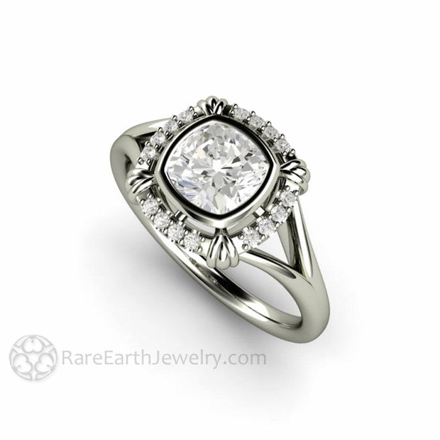 Antique Style Moissanite Engagement Ring Art Deco Bezel Set Moissanite Ring 14K White Gold - Rare Earth Jewelry