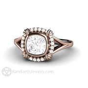 Antique Style Moissanite Engagement Ring Art Deco Bezel Set Moissanite Ring - 14K Rose Gold - April - Bezel - Cushion - Rare Earth Jewelry