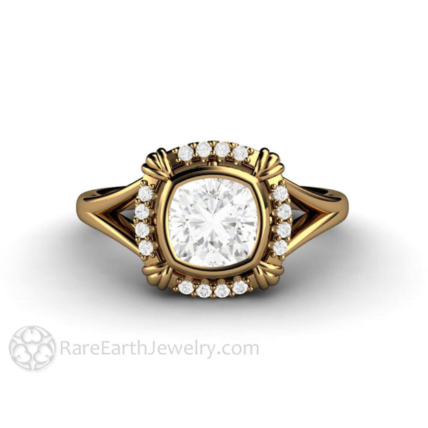 Antique Style Moissanite Engagement Ring Art Deco Bezel Set Moissanite Ring 18K Yellow Gold - Rare Earth Jewelry