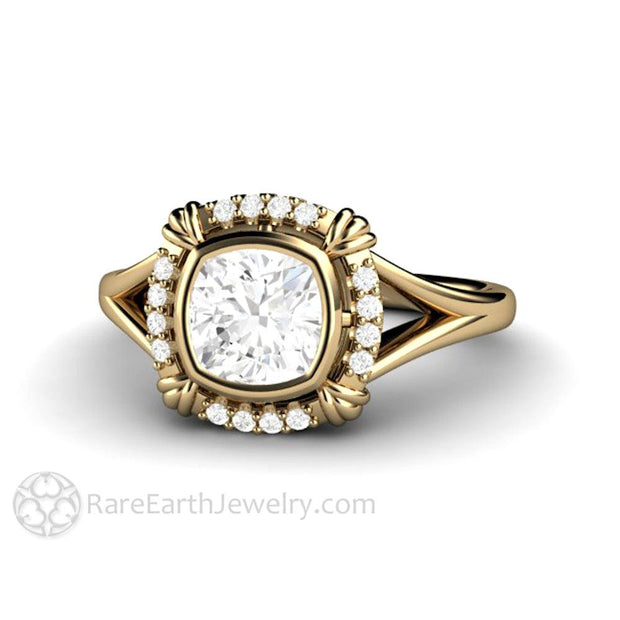 Antique Style Moissanite Engagement Ring Art Deco Bezel Set Moissanite Ring 14K Yellow Gold - Rare Earth Jewelry