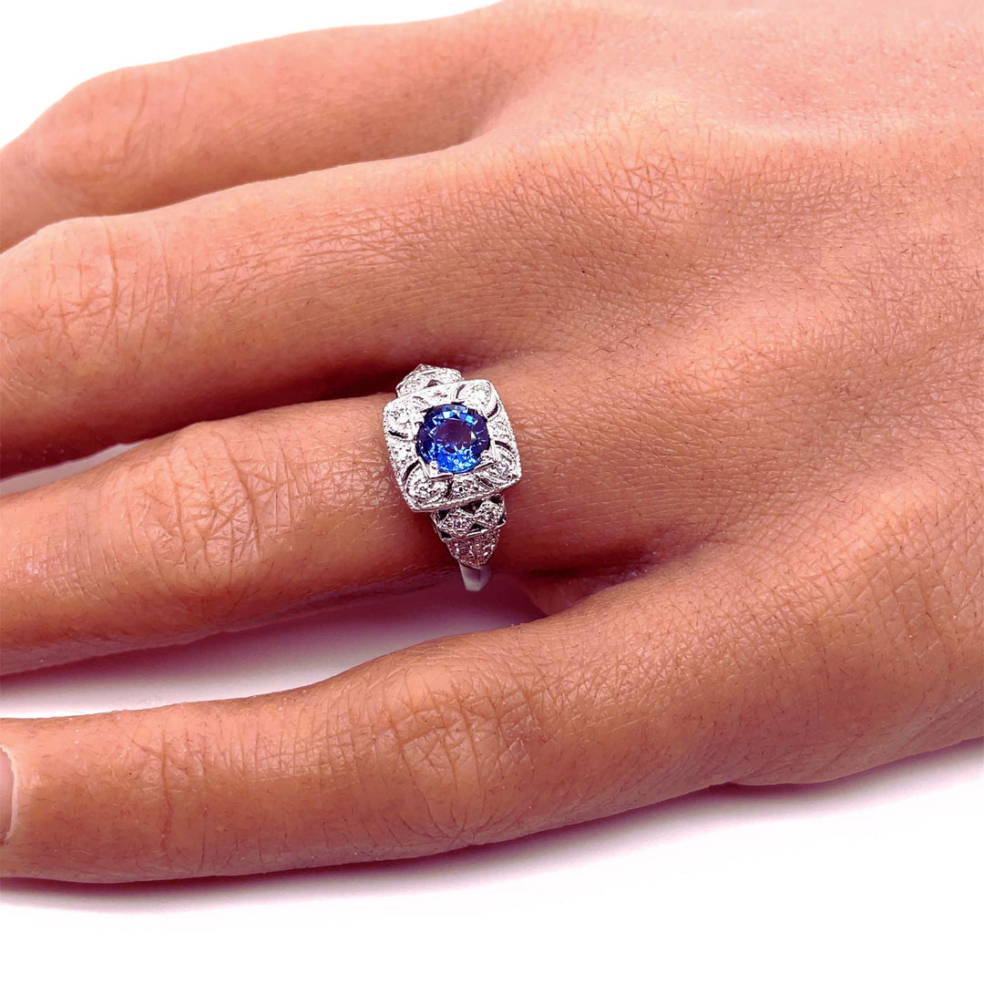 Antique Style Blue Sapphire Ring, Art Deco Sapphire Ring on the Hand