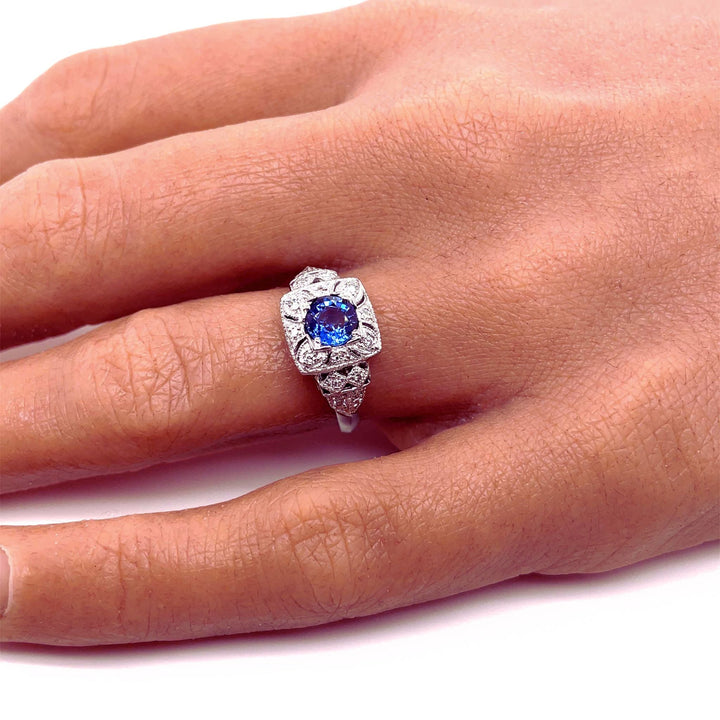 Antique Style Blue Sapphire Ring, Art Deco Sapphire Ring on the Hand