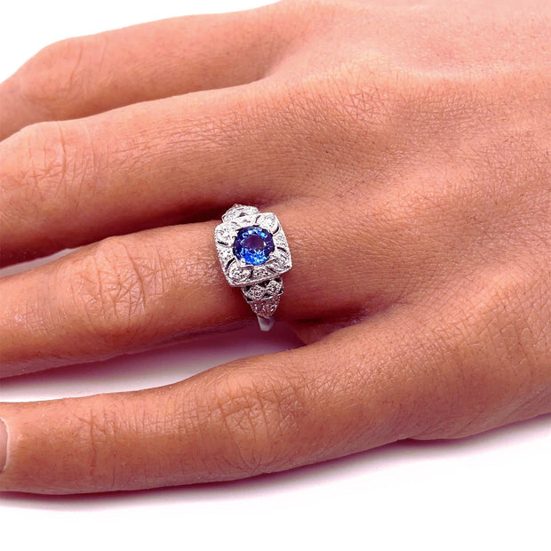 Antique Style Natural Blue Sapphire Ring Art Deco Pave Diamonds 14K White Gold - Rare Earth Jewelry
