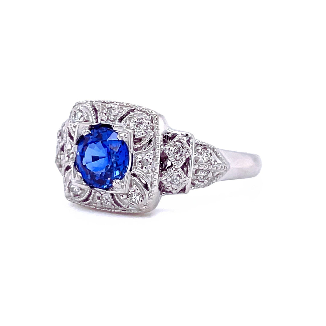 Antique Blue Sapphire Ring, Natural Blue Sapphire and Diamond Ring, Art Deco Design