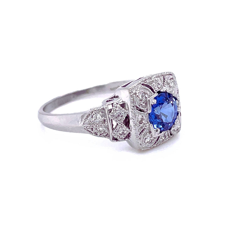 Antique Style Natural Blue Sapphire Ring Art Deco Pave Diamonds - Rare Earth Jewelry