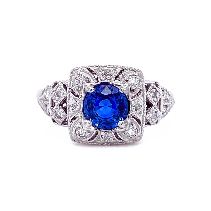 Natural Blue Sapphire Ring, Ceylon Blue Sapphire Ring with Diamonds, Art Deco Style