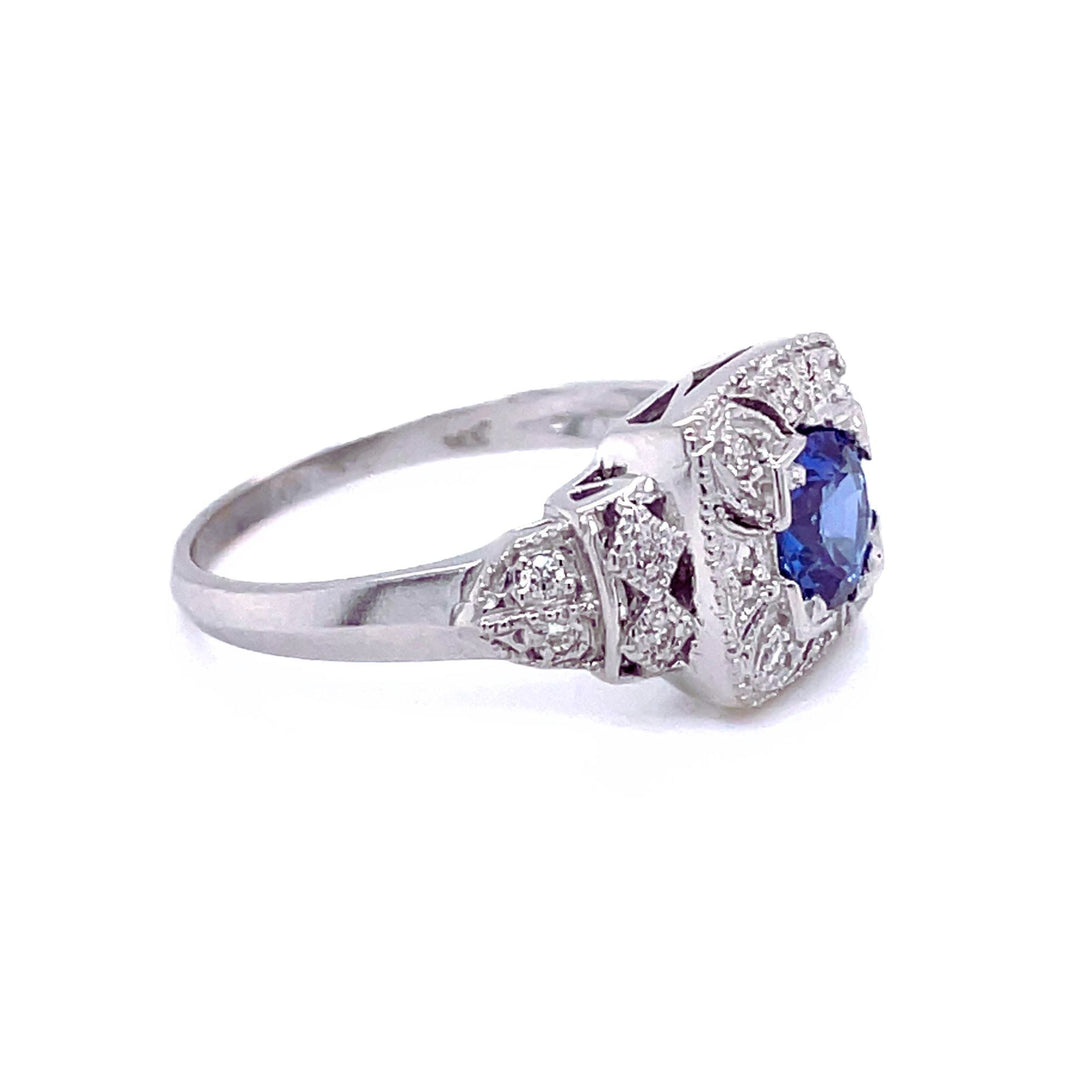 Art Deco Sapphire Ring in Gold with Diamonds, Milgrain and Filigree, Side View