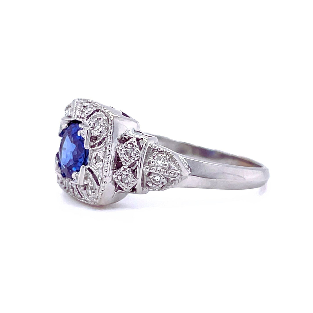 Antique Style Blue Sapphire Ring, Side View showing Art Deco design, Filigree and Milgrain