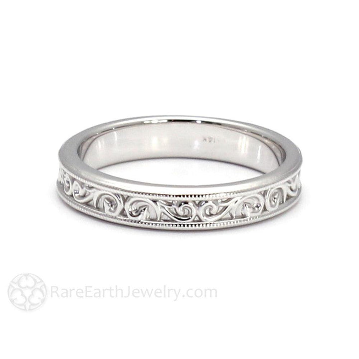 Antique Style Wedding Ring 4mm Band with Filigree Design, Gold or Platinum