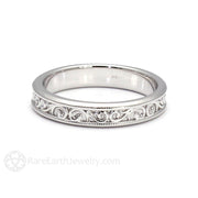 Antique Style Wedding Band 4mm with Filigree Scroll Pattern 14K White Gold - Rare Earth Jewelry