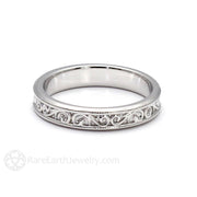 Antique Style Wedding Band 4mm with Filigree Scroll Pattern - 14K White Gold - Band - Vintage - Rare Earth Jewelry
