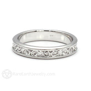 Antique Style Wedding Band 4mm with Filigree Scroll Pattern 14K White Gold - Rare Earth Jewelry