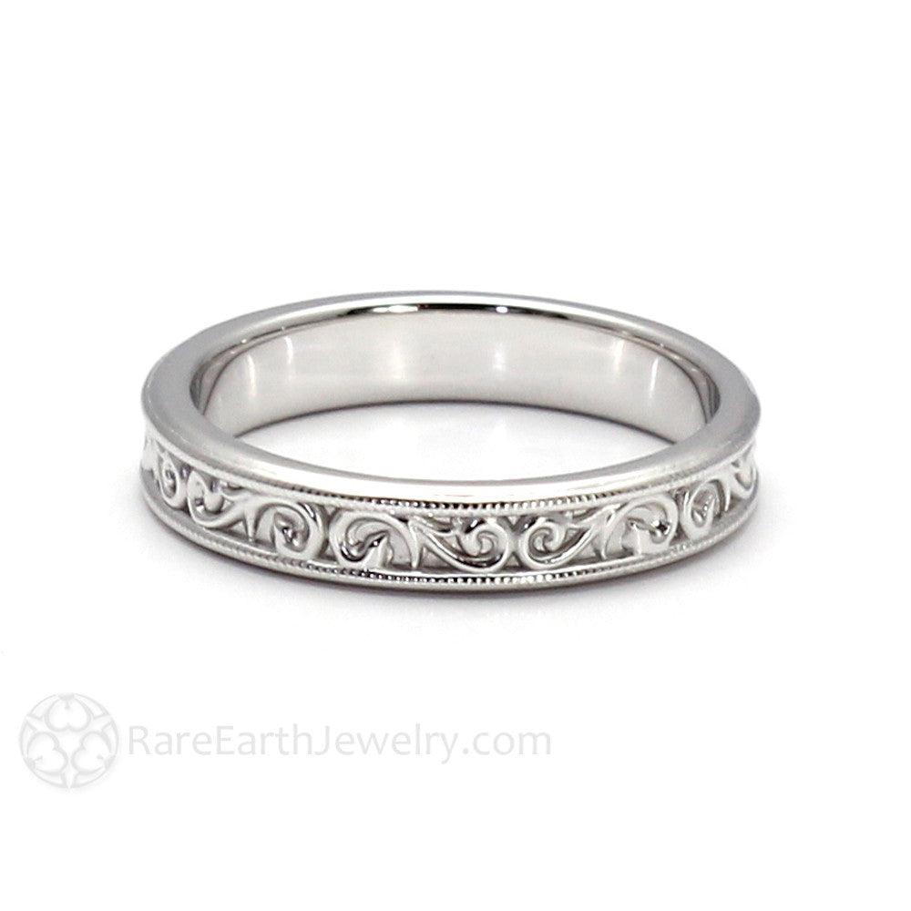 Antique Style Wedding Band 4mm with Filigree Scroll Pattern 14K White Gold - Rare Earth Jewelry