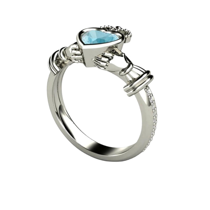 Aquamarine Claddagh Ring Irish Engagement Ring or Promise Ring with Blue Stone - Thru View