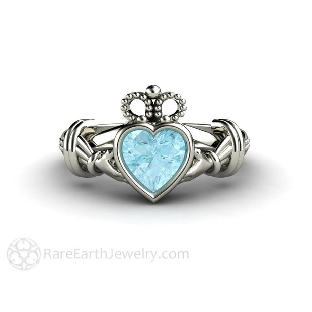 Aquamarine Claddagh Ring Irish Engagement Ring or Promise Ring Platinum - Rare Earth Jewelry