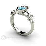 Aquamarine Claddagh Ring Irish Engagement Ring or Promise Ring 18K White Gold - Rare Earth Jewelry