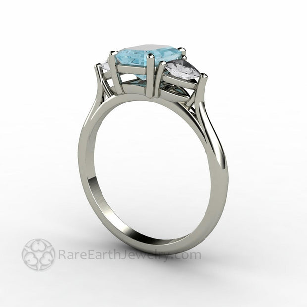 Aquamarine Engagement Ring Emerald Cut 3 Stone 14K White Gold - Rare Earth Jewelry